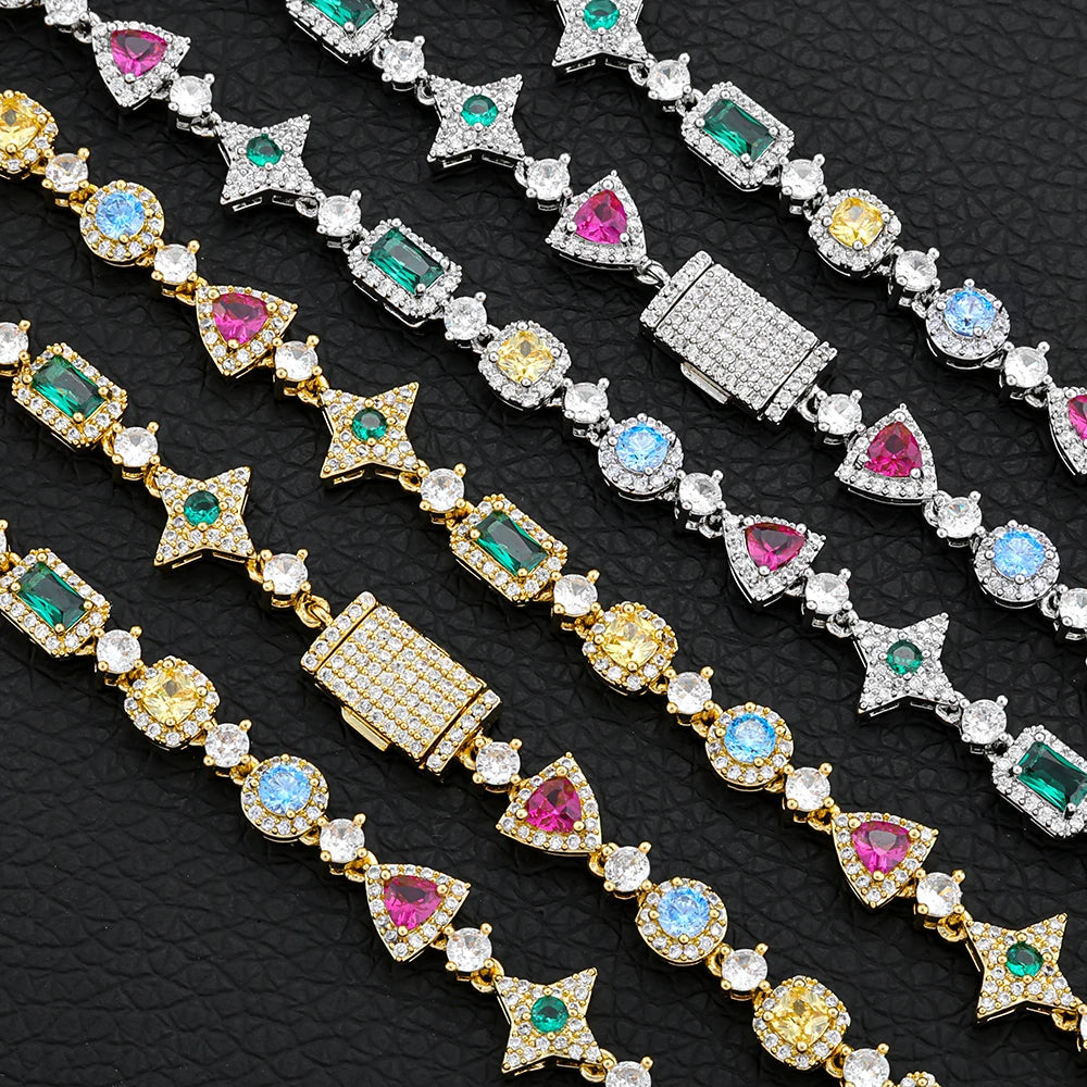 Hip Hop Custom Colored Gemstone Tennis Link Bracelet Exquisite Geometric Shape Brass Cubic Zirconia Party Gift For Men and Women