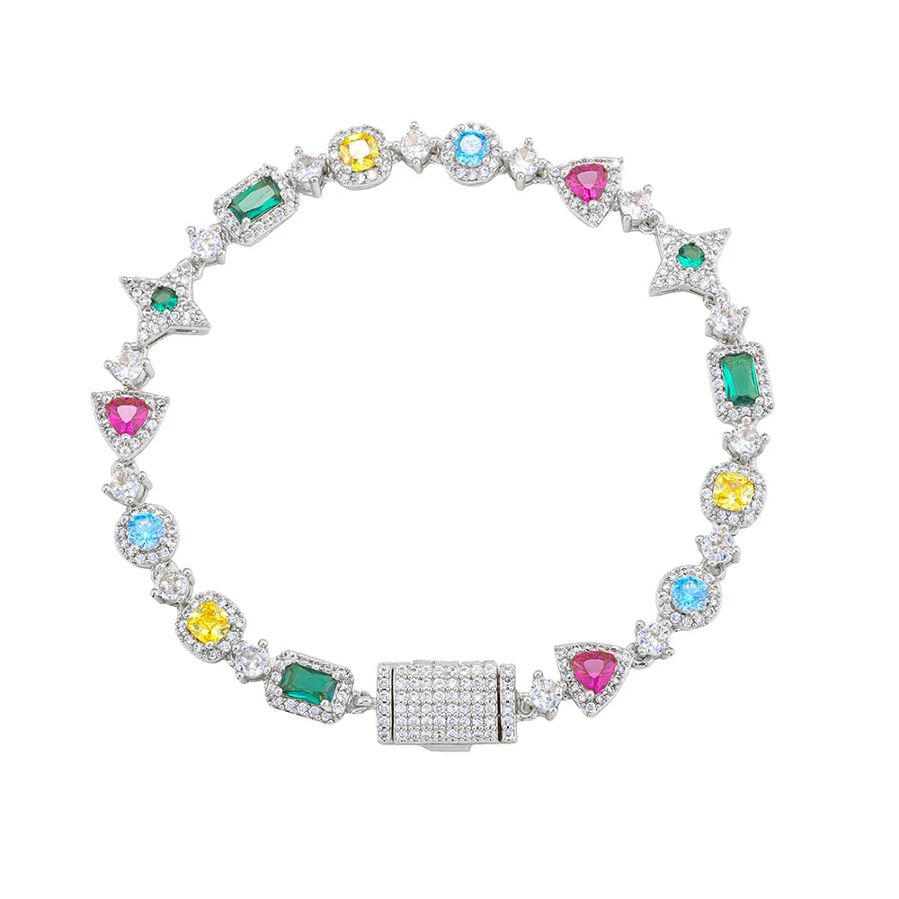 Hip Hop Custom Colored Gemstone Tennis Link Bracelet Exquisite Geometric Shape Brass Cubic Zirconia Party Gift For Men and Women