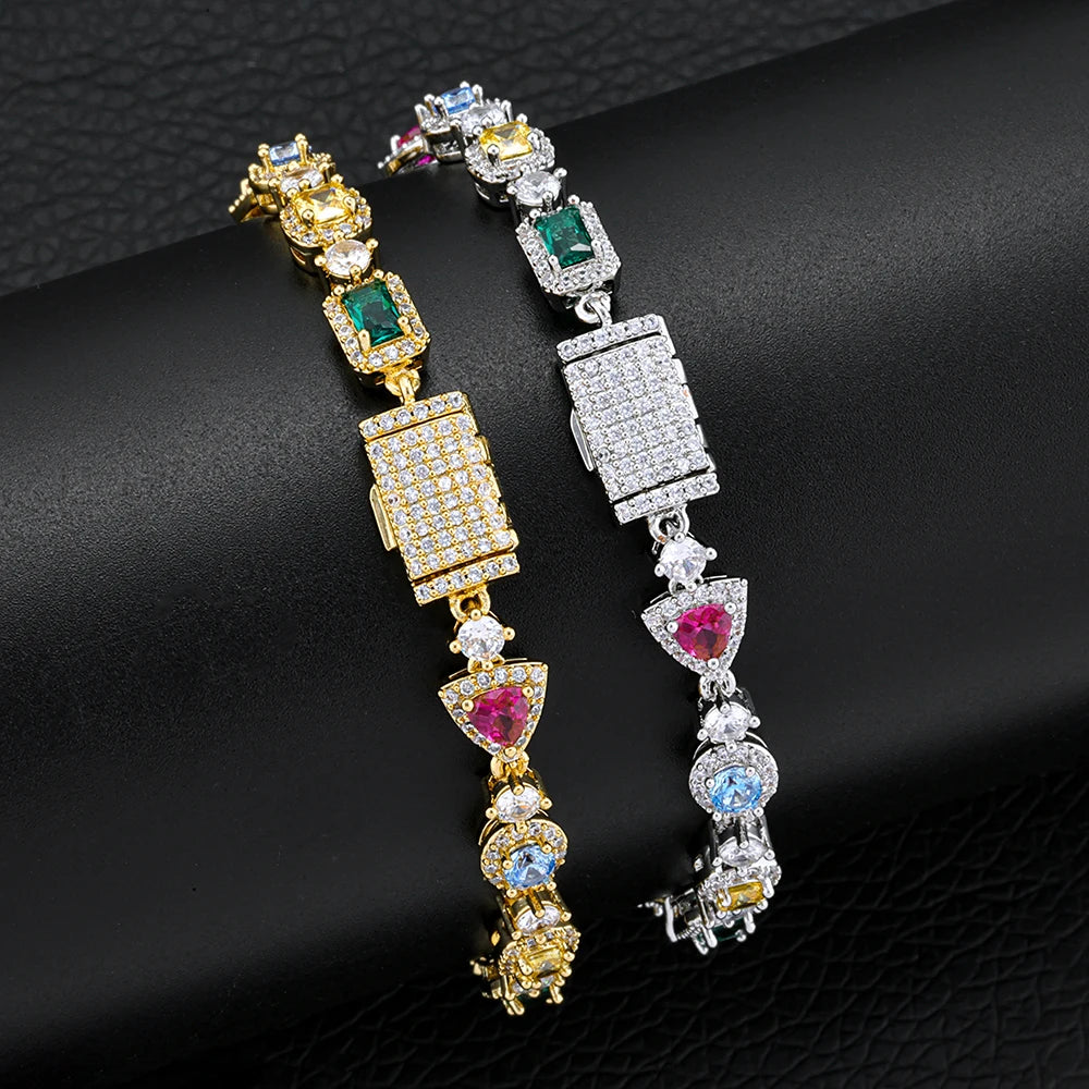 Hip Hop Custom Colored Gemstone Tennis Link Bracelet Exquisite Geometric Shape Brass Cubic Zirconia Party Gift For Men and Women