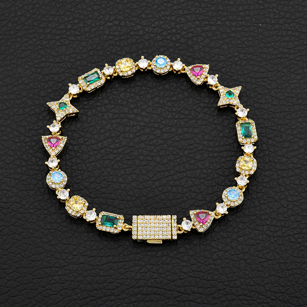Hip Hop Custom Colored Gemstone Tennis Link Bracelet Exquisite Geometric Shape Brass Cubic Zirconia Party Gift For Men and Women