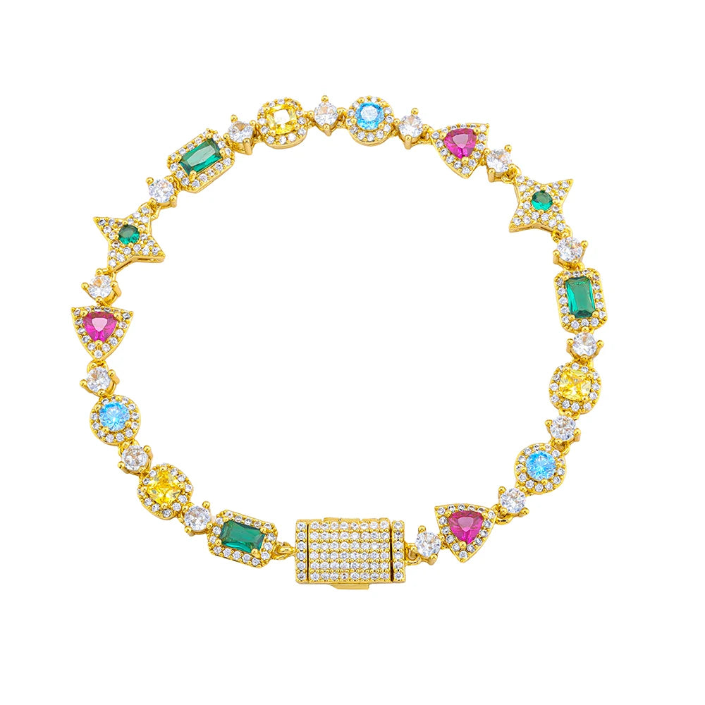 Hip Hop Custom Colored Gemstone Tennis Link Bracelet Exquisite Geometric Shape Brass Cubic Zirconia Party Gift For Men and Women