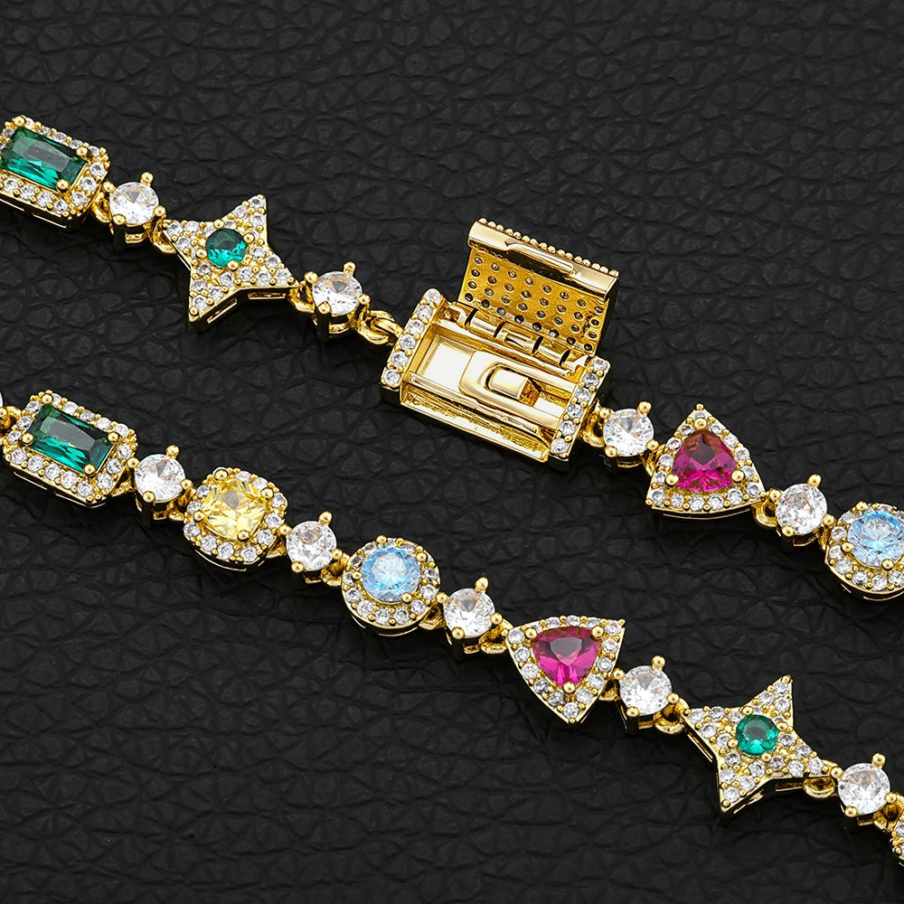 Hip Hop Custom Colored Gemstone Tennis Link Bracelet Exquisite Geometric Shape Brass Cubic Zirconia Party Gift For Men and Women