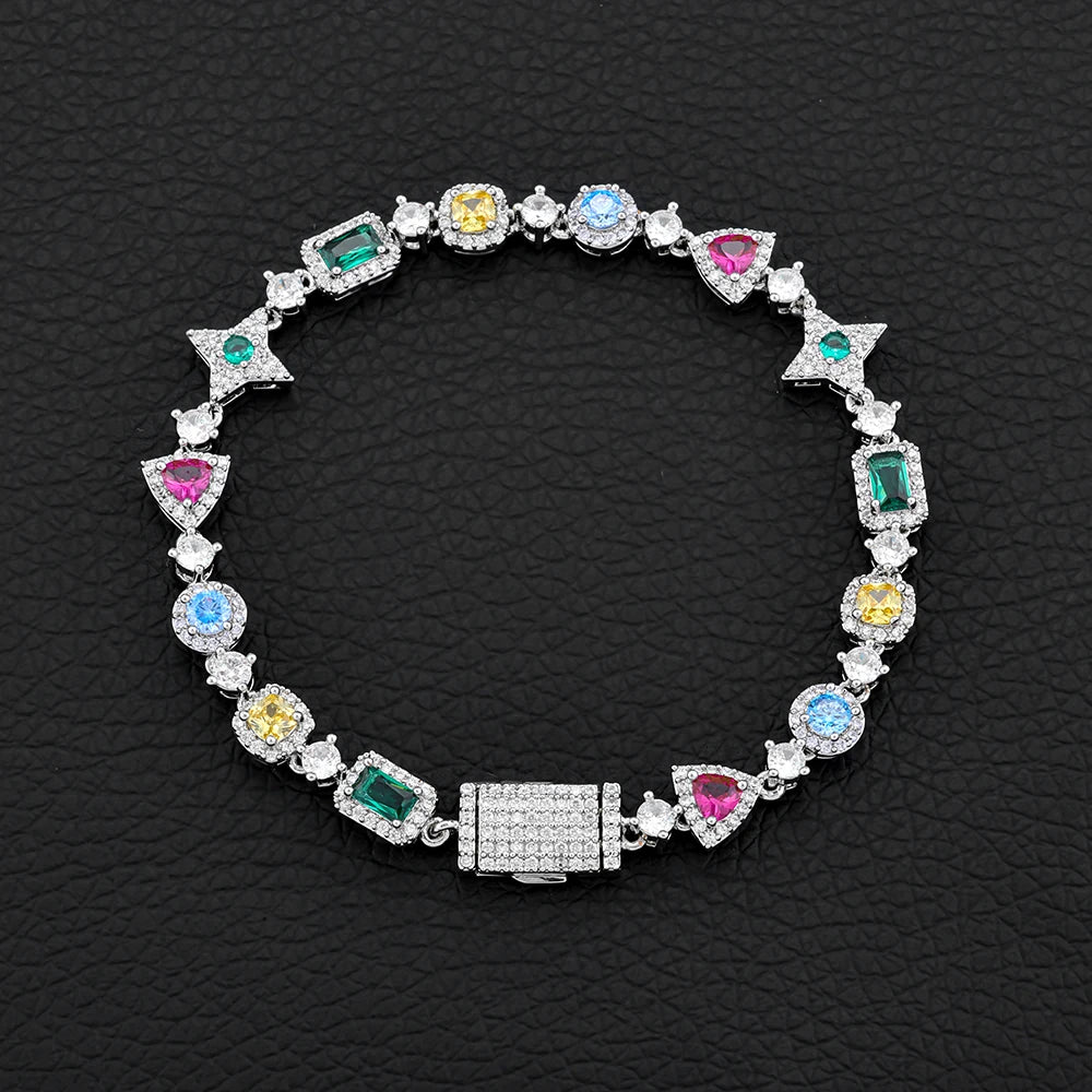 Hip Hop Custom Colored Gemstone Tennis Link Bracelet Exquisite Geometric Shape Brass Cubic Zirconia Party Gift For Men and Women
